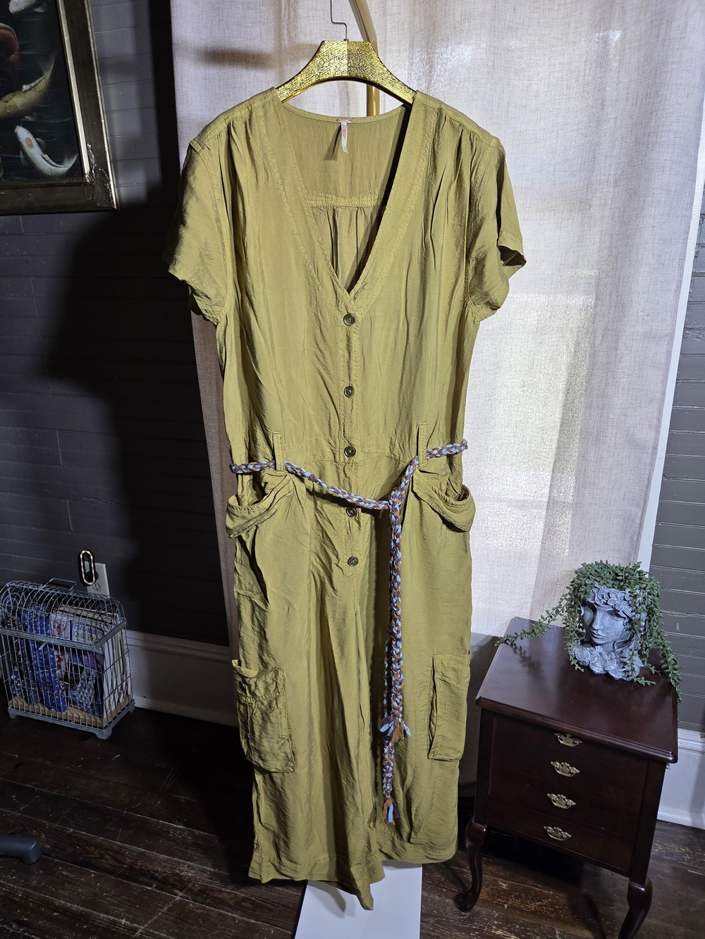Free People Olive Button-Front Short Sleeve Jumpsuit with Braided Belt